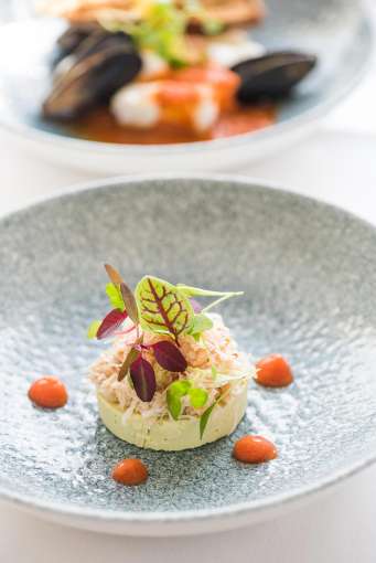 Fresh Cornish Crab with Avocado Panna Cotta in the Bay View Restaurant, Carlyon Bay Hotel