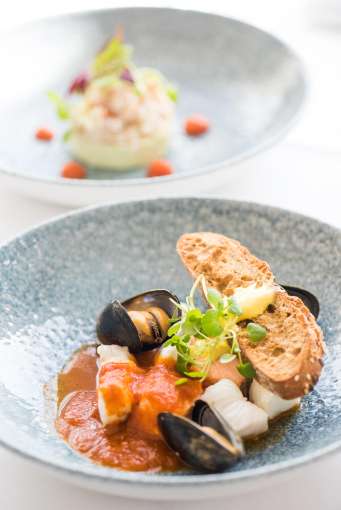 Seafood Bouillabaisse Starter in the Bay View Restaurant, Carlyon Bay Hotel