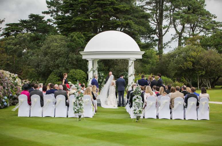 Wedding gazebo at Carlyon Bay Hotel with guests