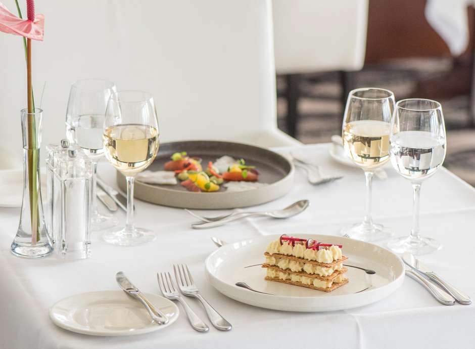 Starters on a table in the Bay View Restaurant, Carlyon Bay Hotel